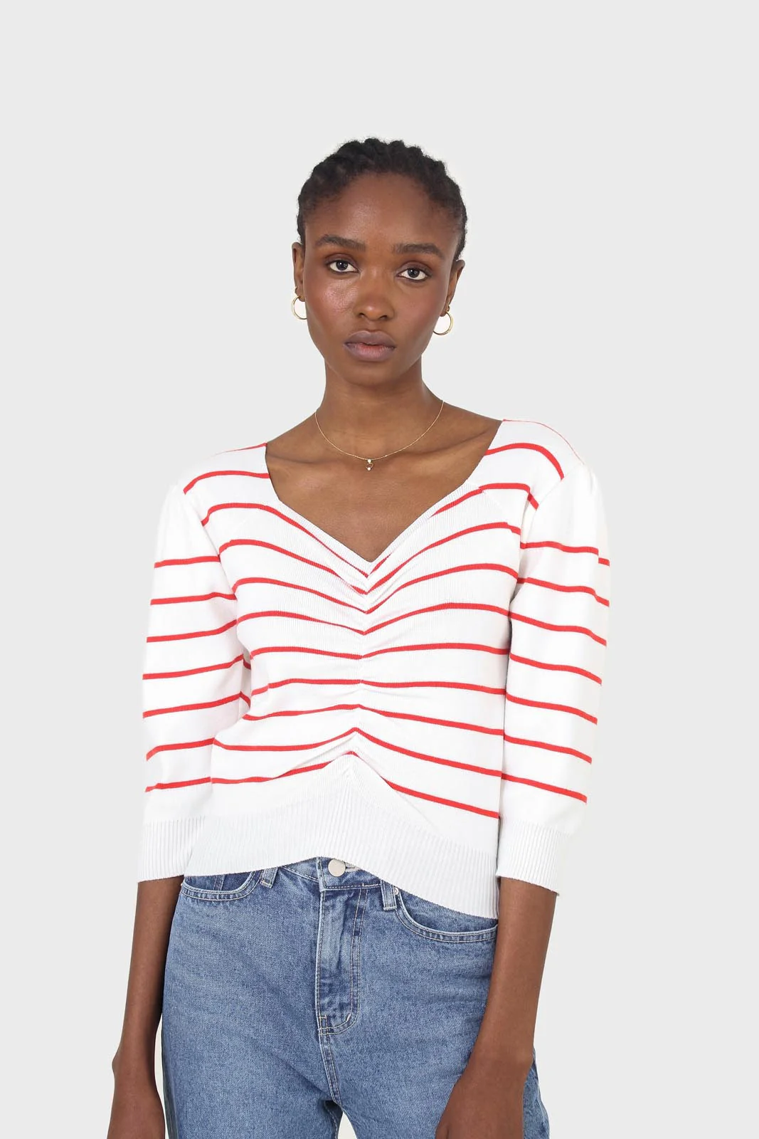 Ivory and red striped ruched front top - Image 5