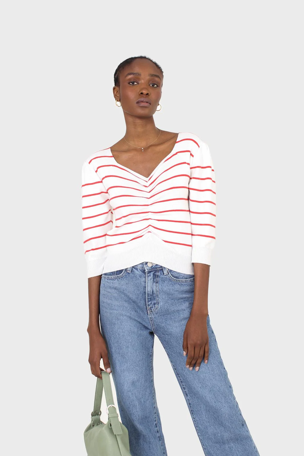 Ivory and red striped ruched front top - Image 7