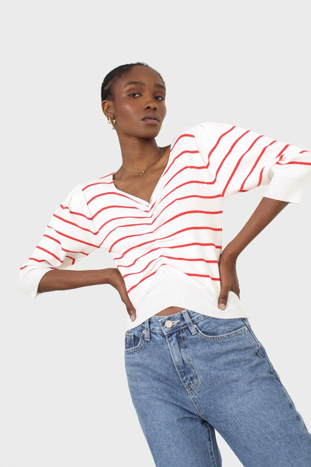 Ivory and red striped ruched front top - Image 9
