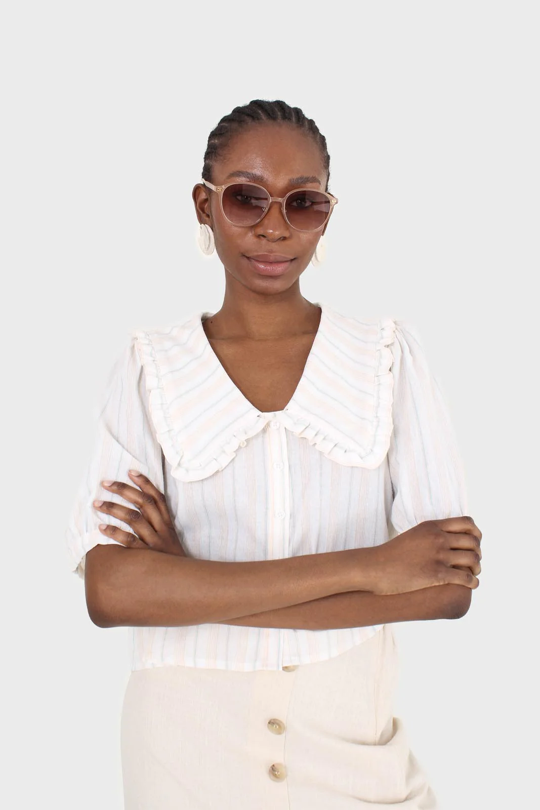 Ivory striped oversized collar blouse - Image 5