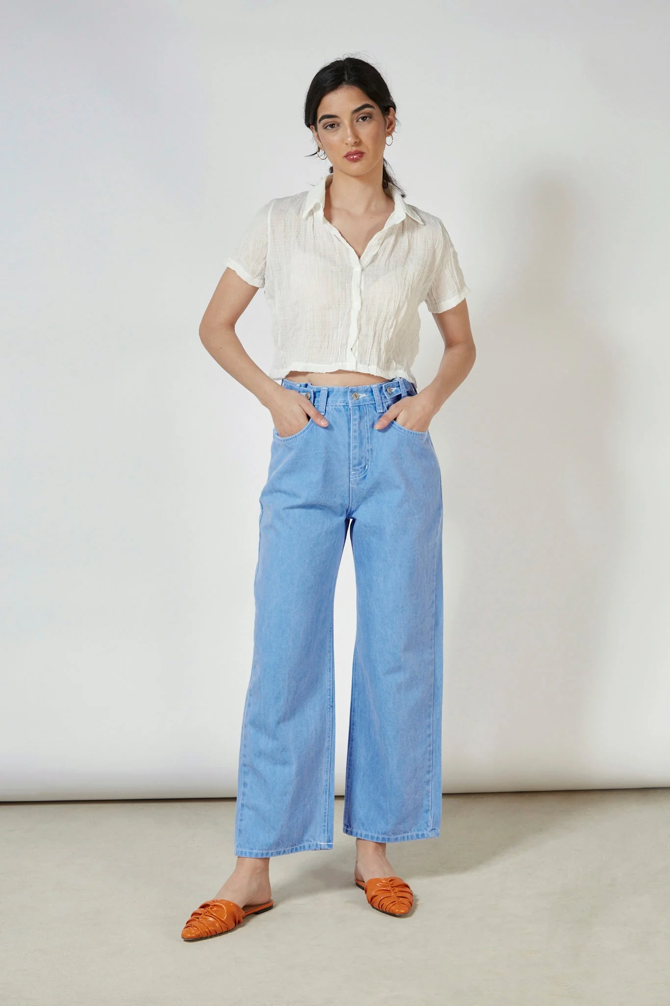Bright blue contrast stitch button waist jeans - Image 5