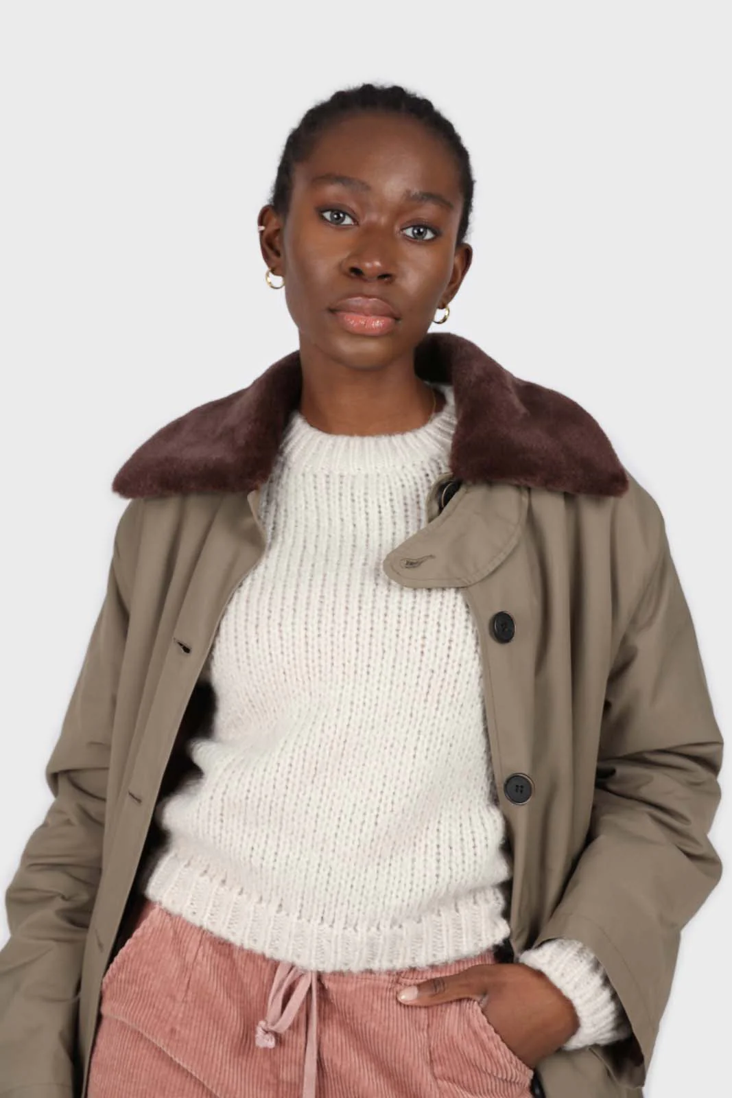 Khaki and brown faux fur collar contrast faux fur lined trench coat - Image 3