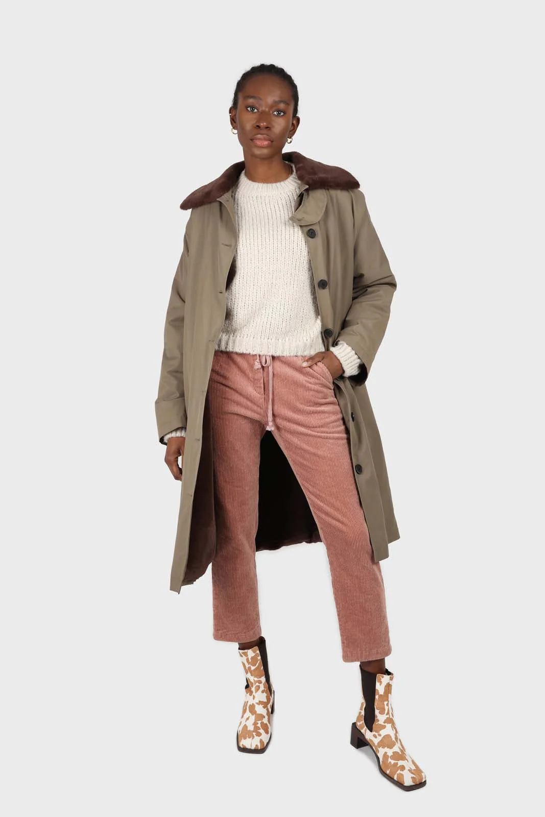 Khaki and brown faux fur collar contrast faux fur lined trench coat - Image 4