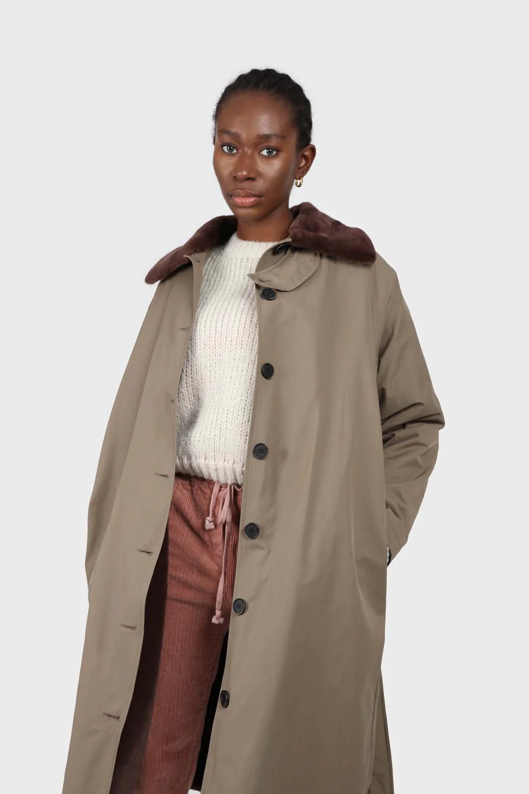 Khaki and brown faux fur collar contrast faux fur lined trench coat - Image 5