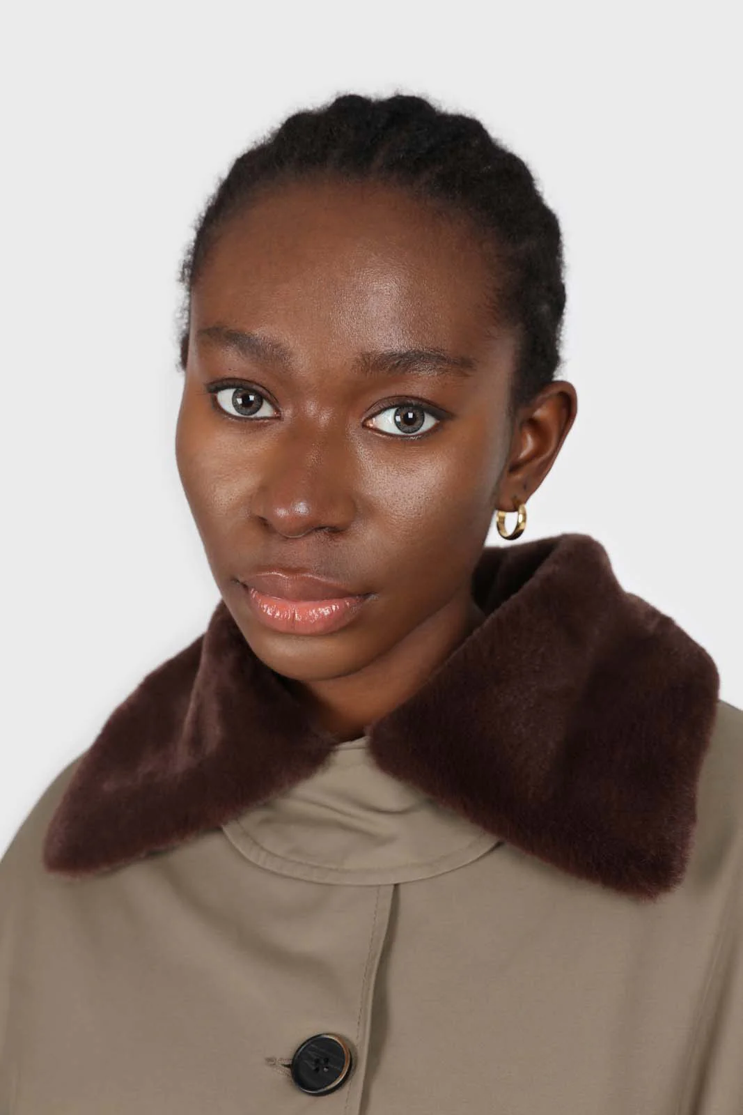 Khaki and brown faux fur collar contrast faux fur lined trench coat - Image 6