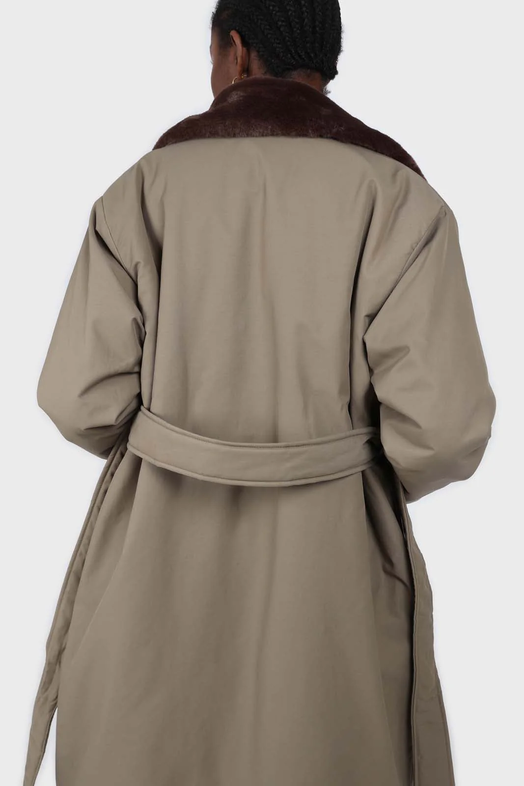 Khaki and brown faux fur collar contrast faux fur lined trench coat - Image 7