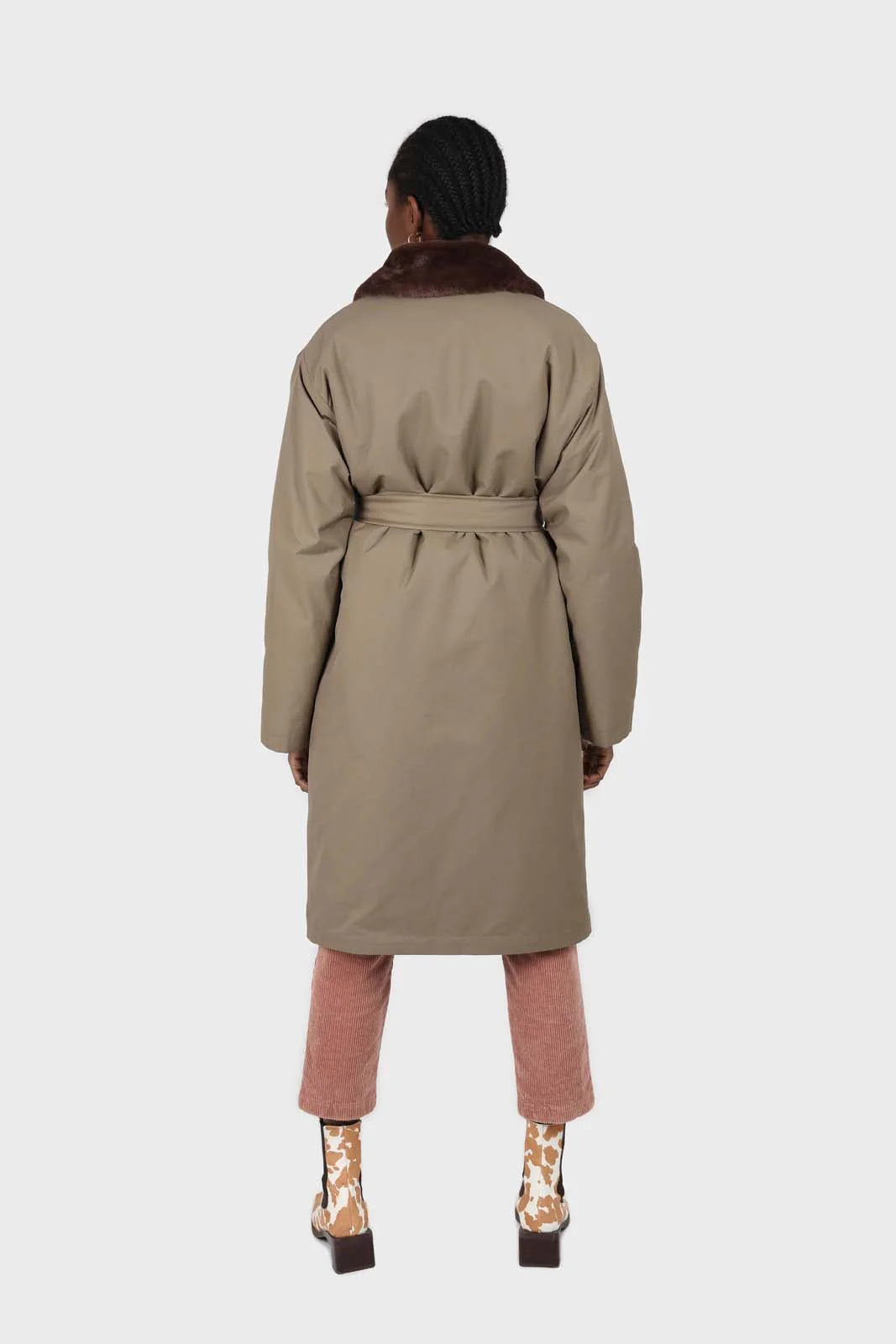 Khaki and brown faux fur collar contrast faux fur lined trench coat - Image 8