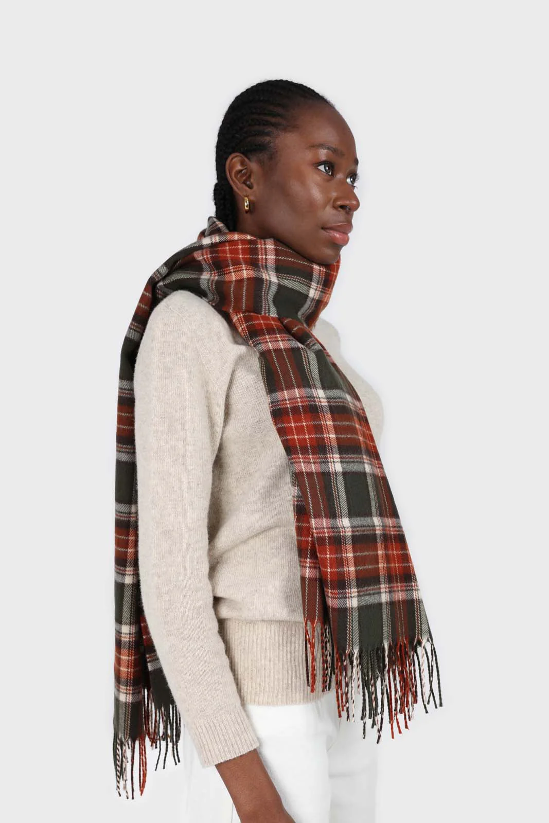 Khaki and orange classic plaid scarf - Image 3