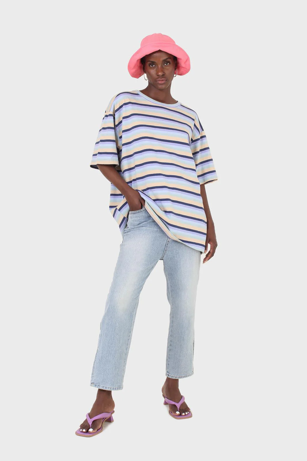 Light blue and beige multi striped oversized tee - Image 3