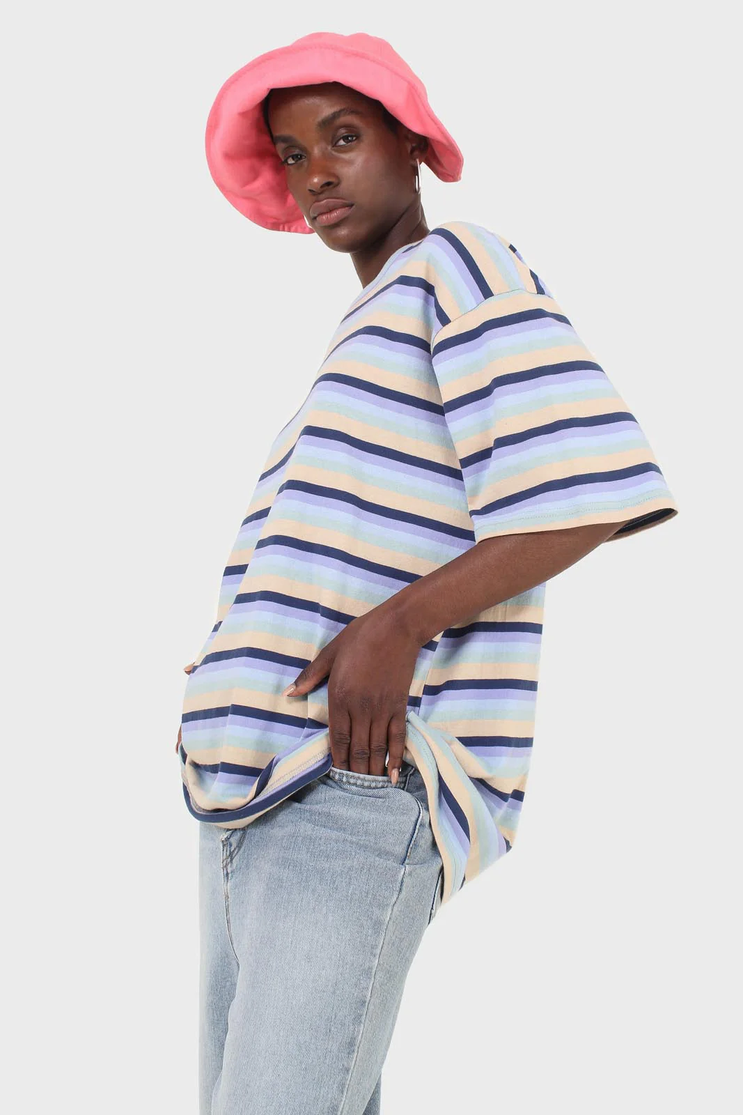 Light blue and beige multi striped oversized tee - Image 5