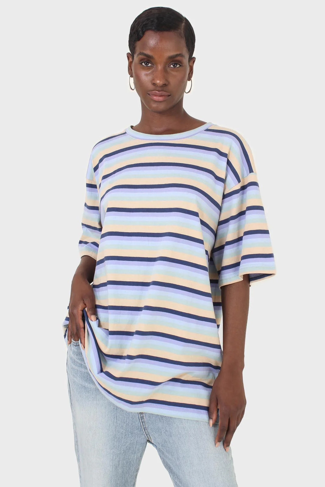 Light blue and beige multi striped oversized tee - Image 6