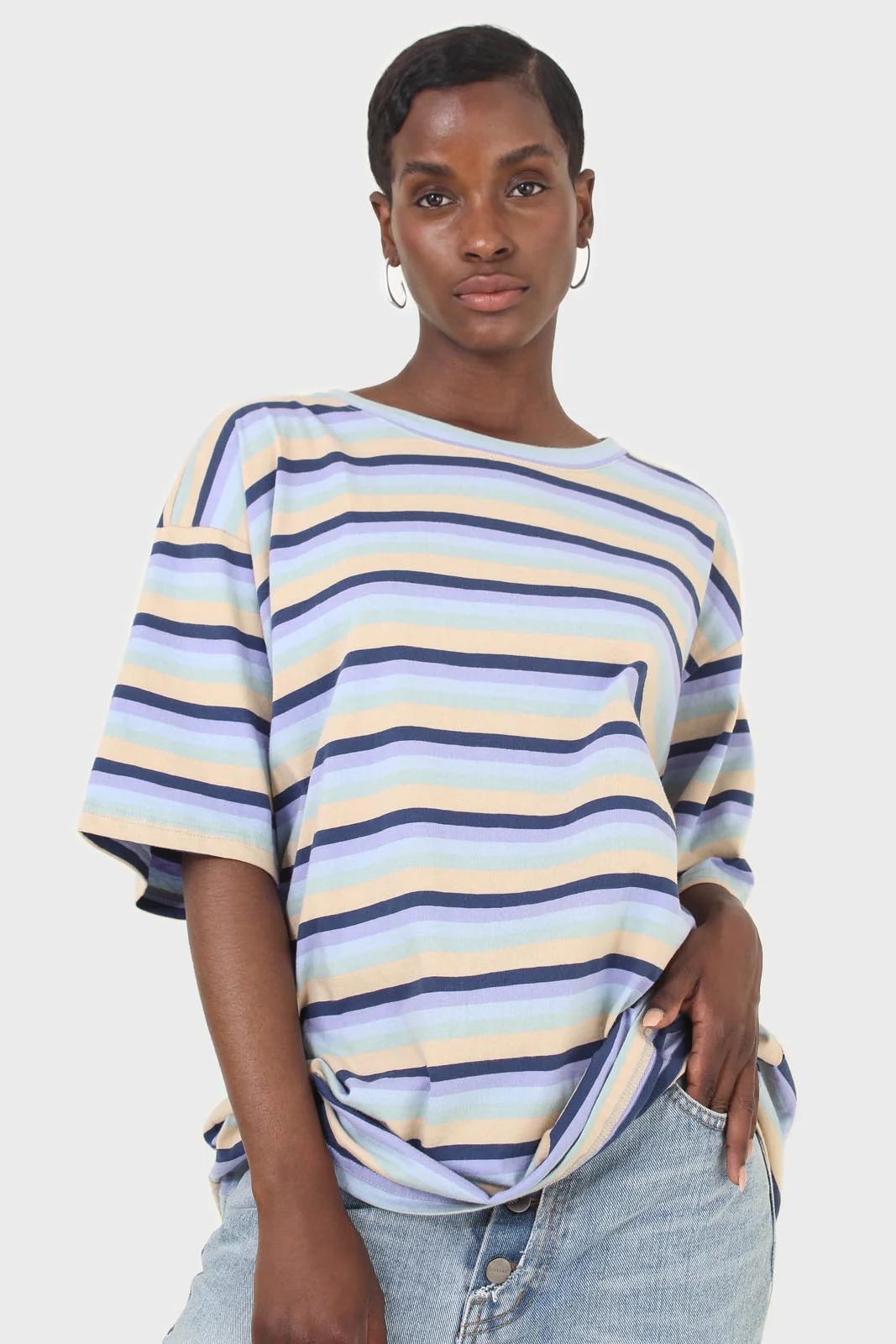 Light blue and beige multi striped oversized tee - Image 7