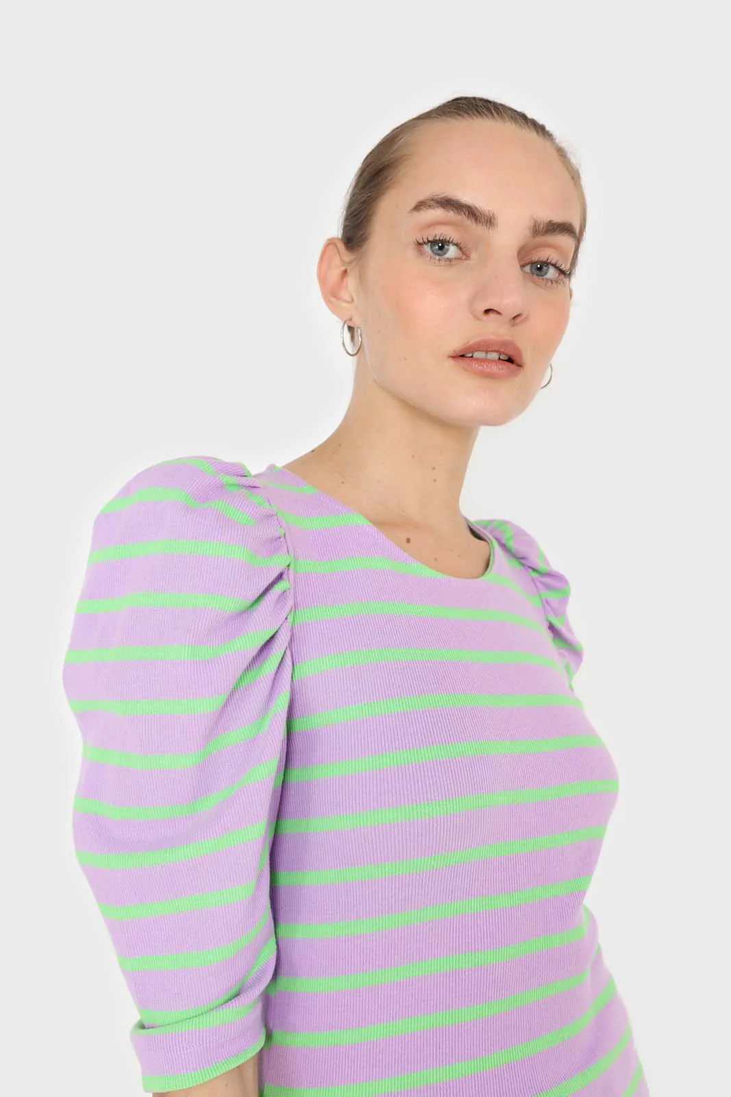 Lilac and mint striped puff 3/4 sleeve top - Image 6