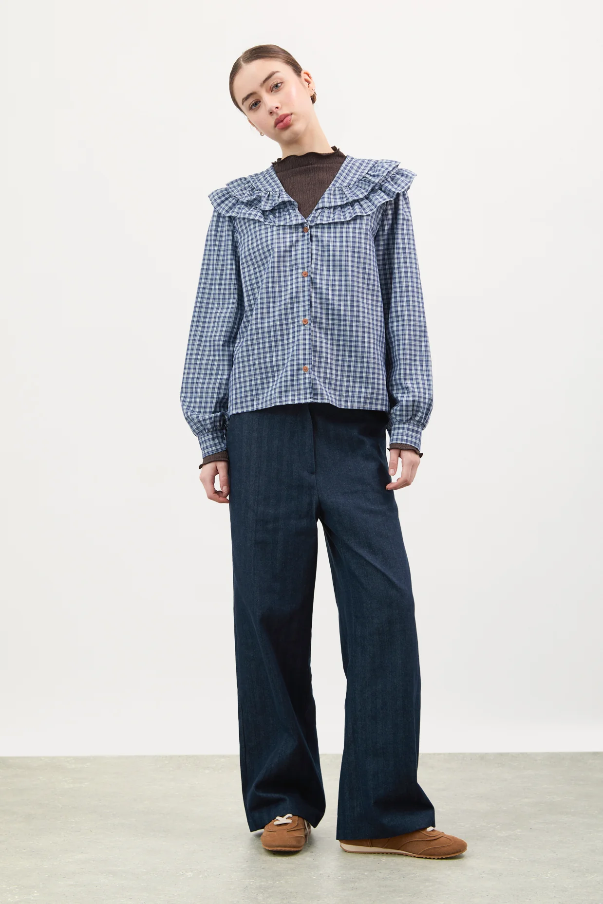 Navy and ivory check double ruffle collar blouse - Image 3