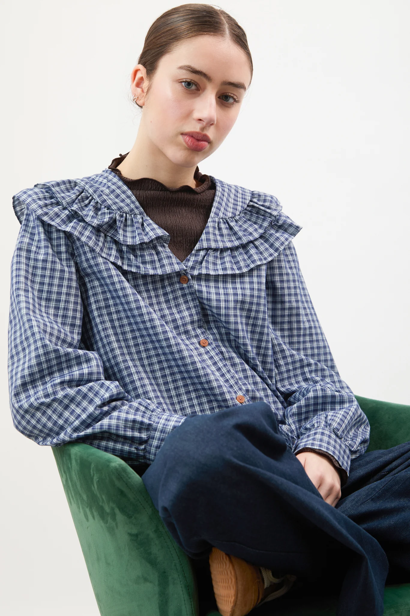 Navy and ivory check double ruffle collar blouse - Image 4