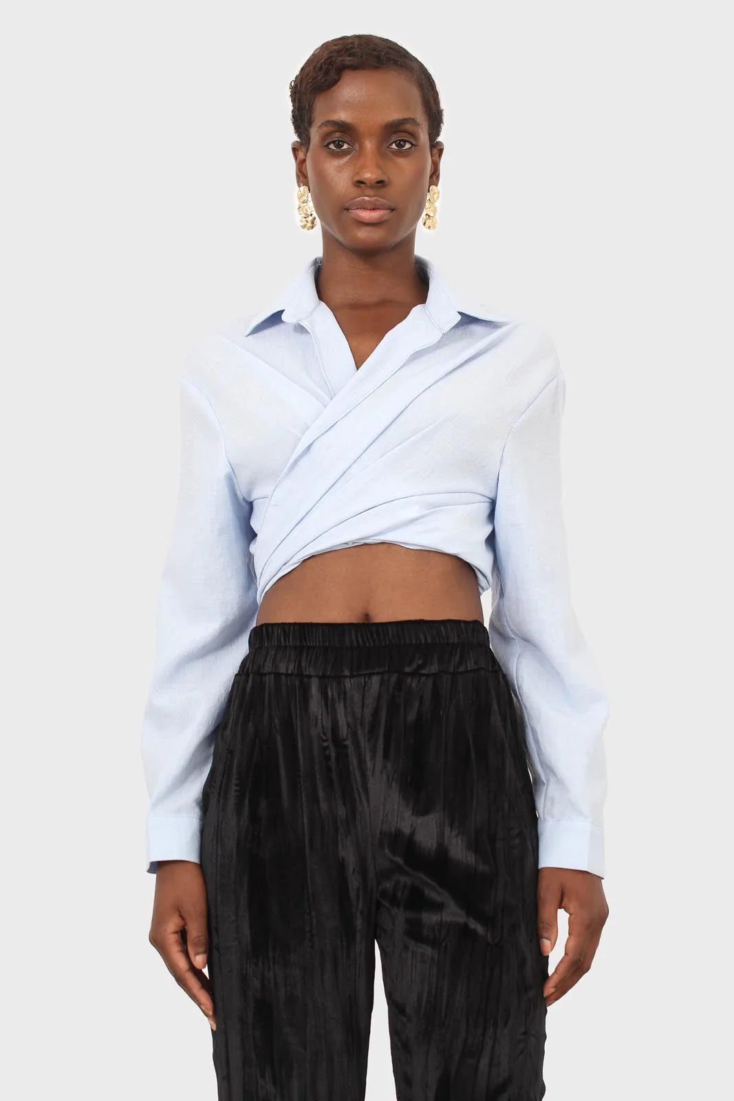 Pale blue linen plunging tie front shirt - Image 3