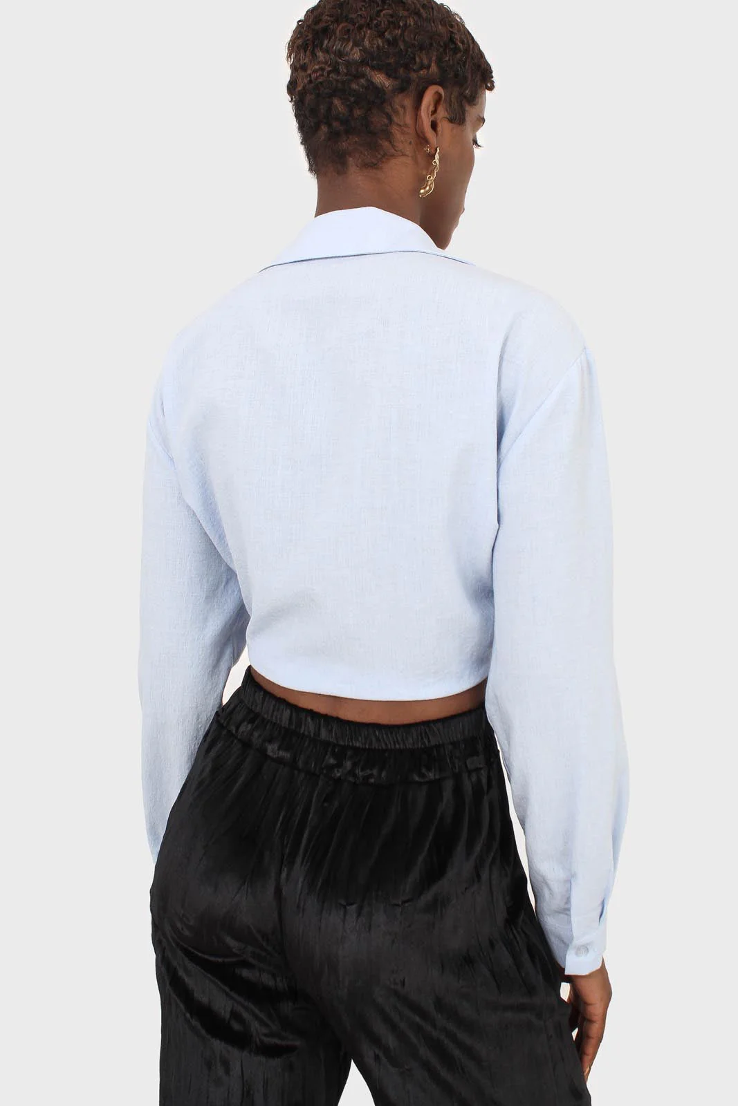 Pale blue linen plunging tie front shirt - Image 4