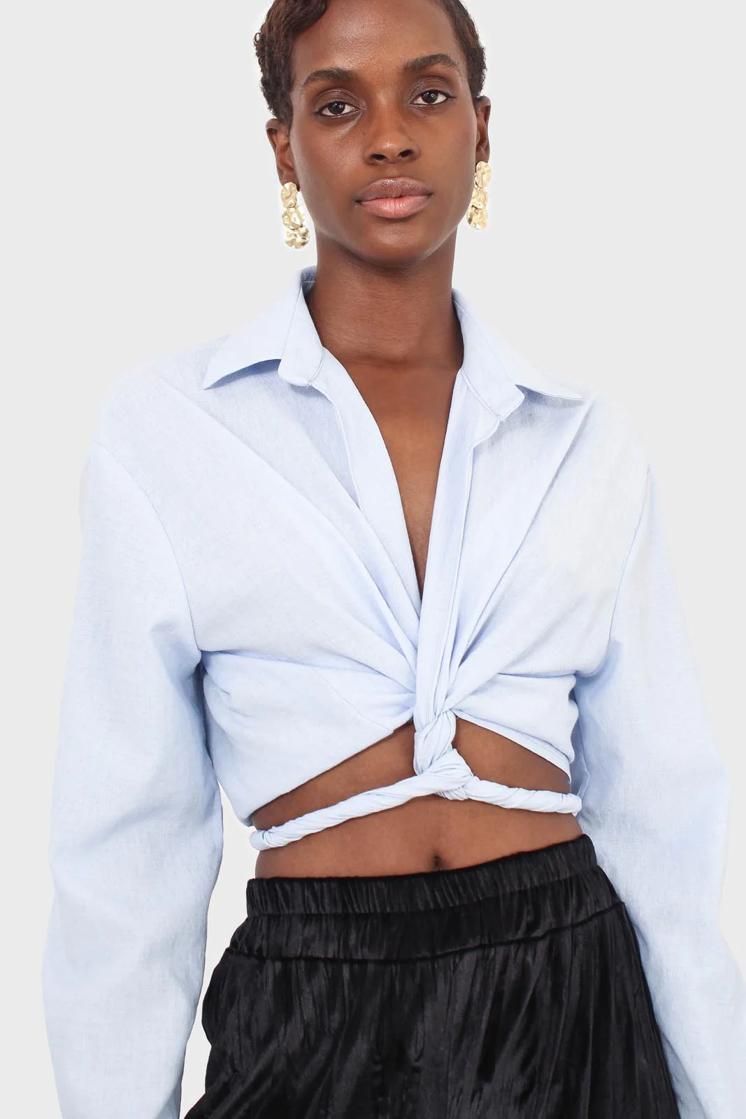 Pale blue linen plunging tie front shirt - Image 6