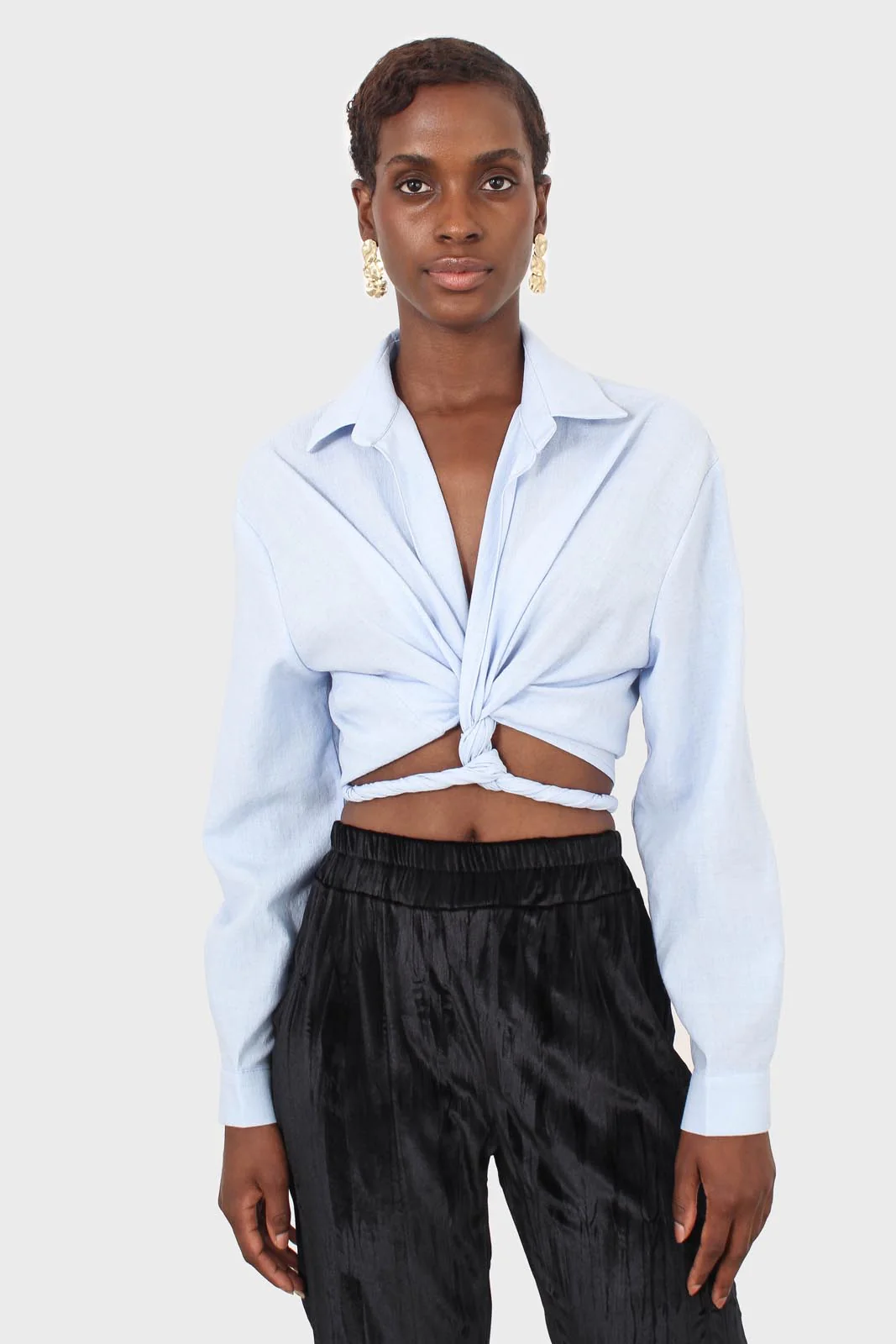 Pale blue linen plunging tie front shirt - Image 7