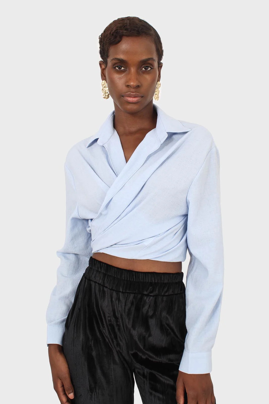 Pale blue linen plunging tie front shirt - Image 9