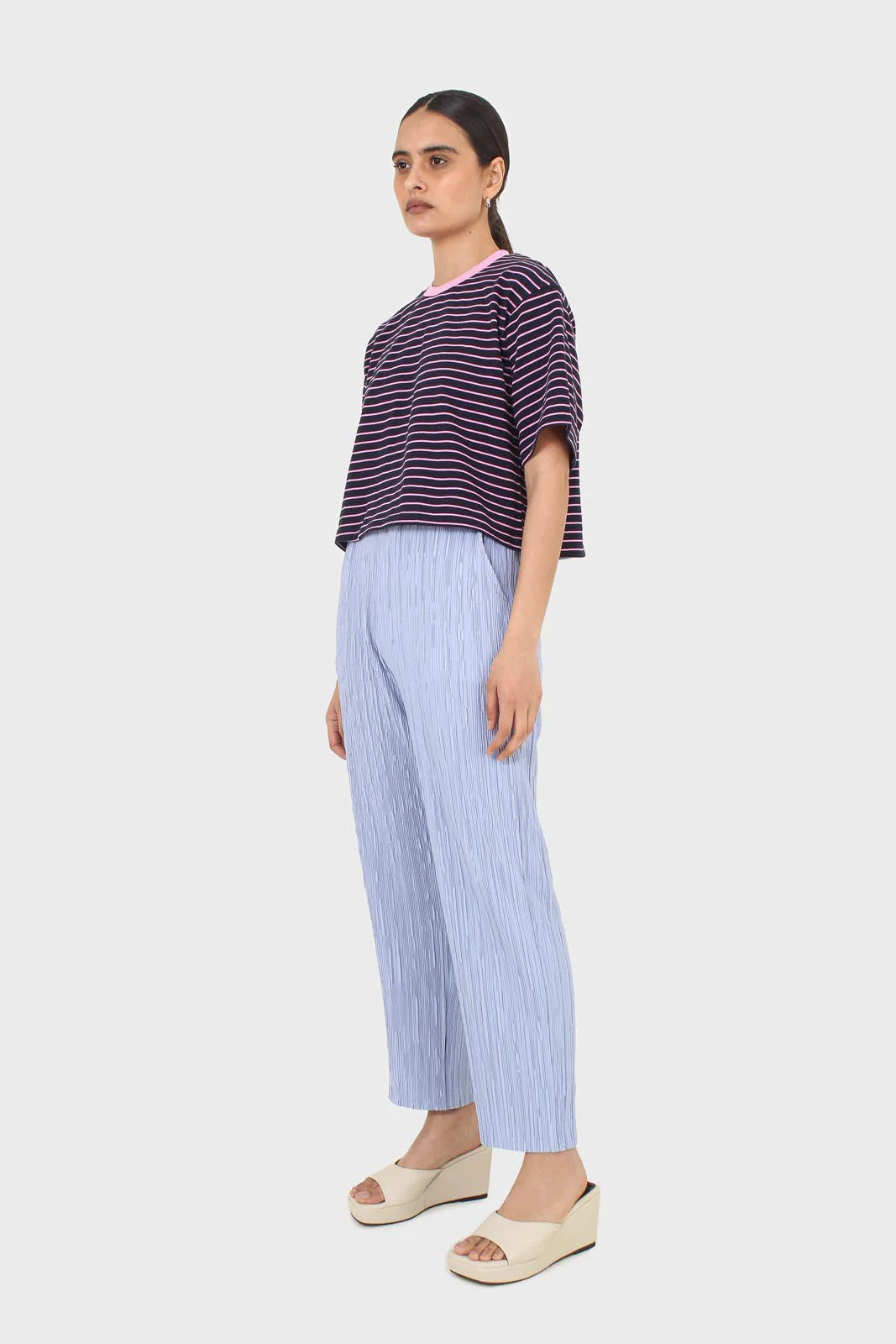 Pink and navy striped contrast binding cropped tee - Image 5