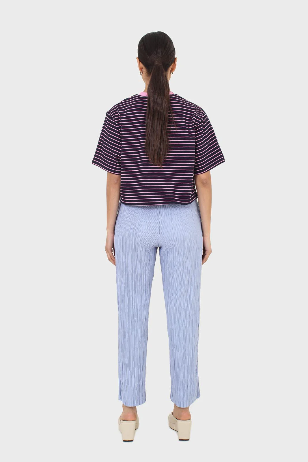 Pink and navy striped contrast binding cropped tee - Image 6