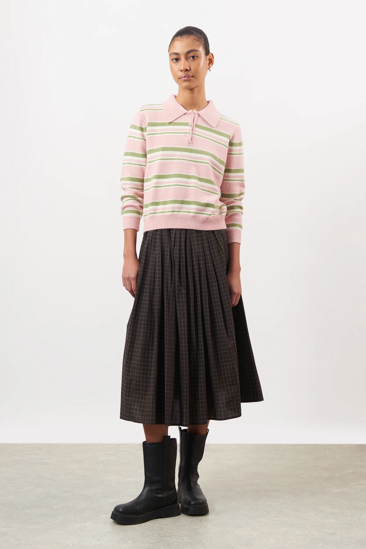 Pink green and ivory striped button up knit polo - Image 4