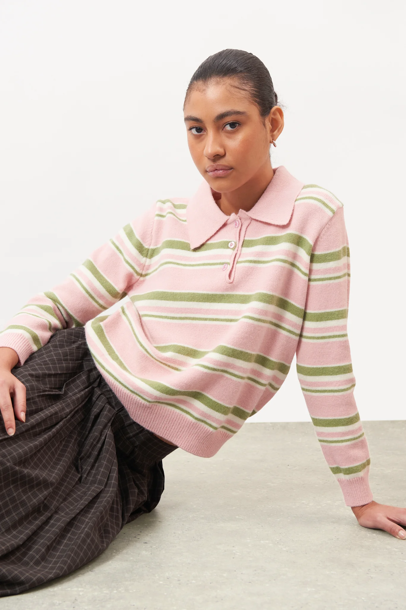 Pink green and ivory striped button up knit polo - Image 5