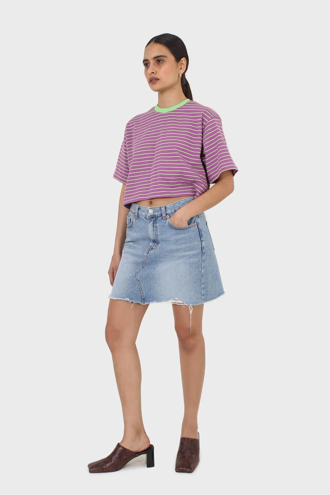 Purple and mint striped contrast binding cropped tee - Image 4