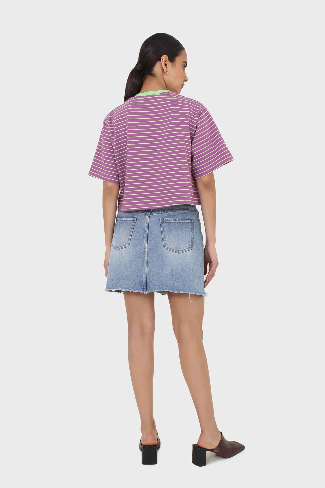 Purple and mint striped contrast binding cropped tee - Image 5