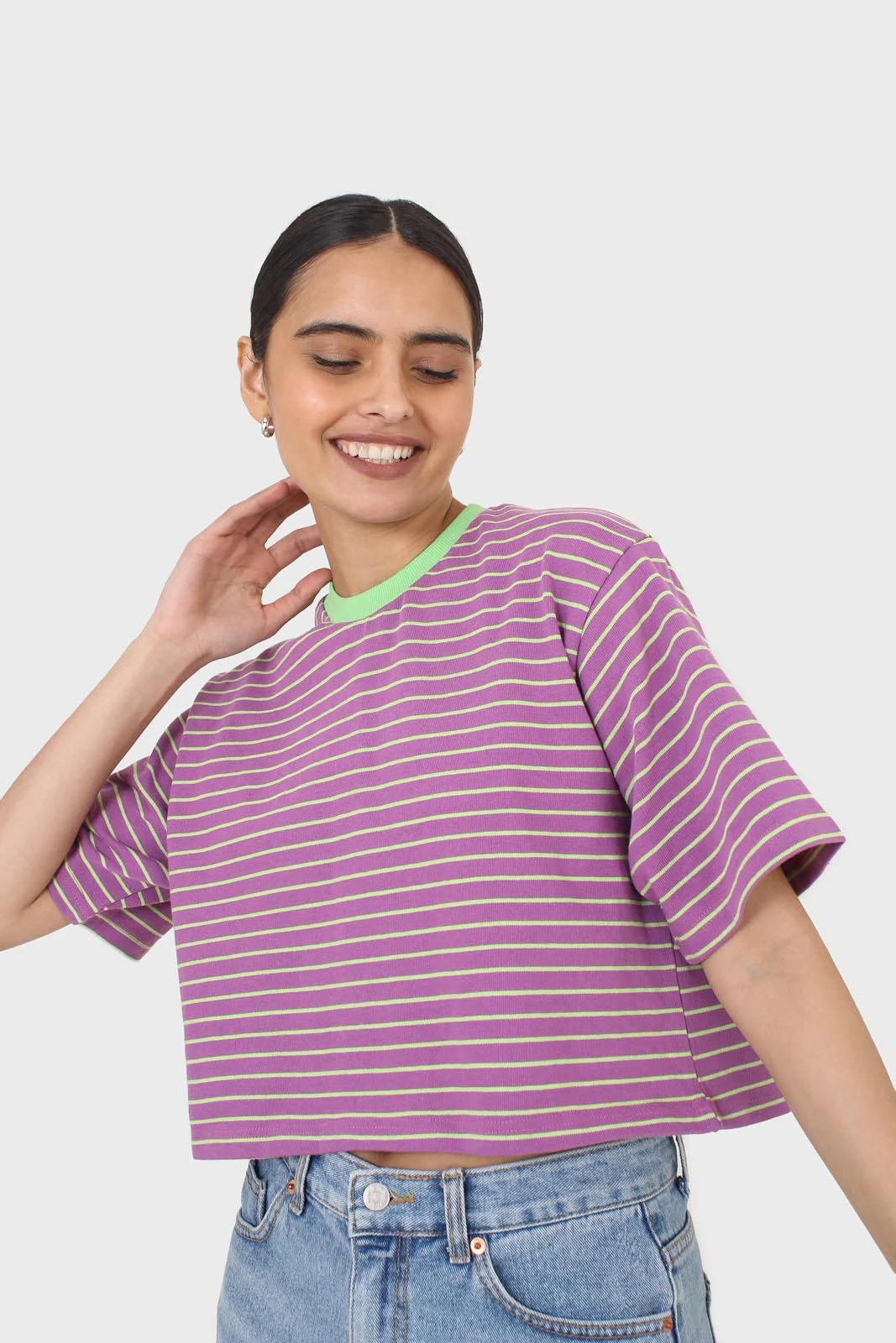 Purple and mint striped contrast binding cropped tee - Image 6