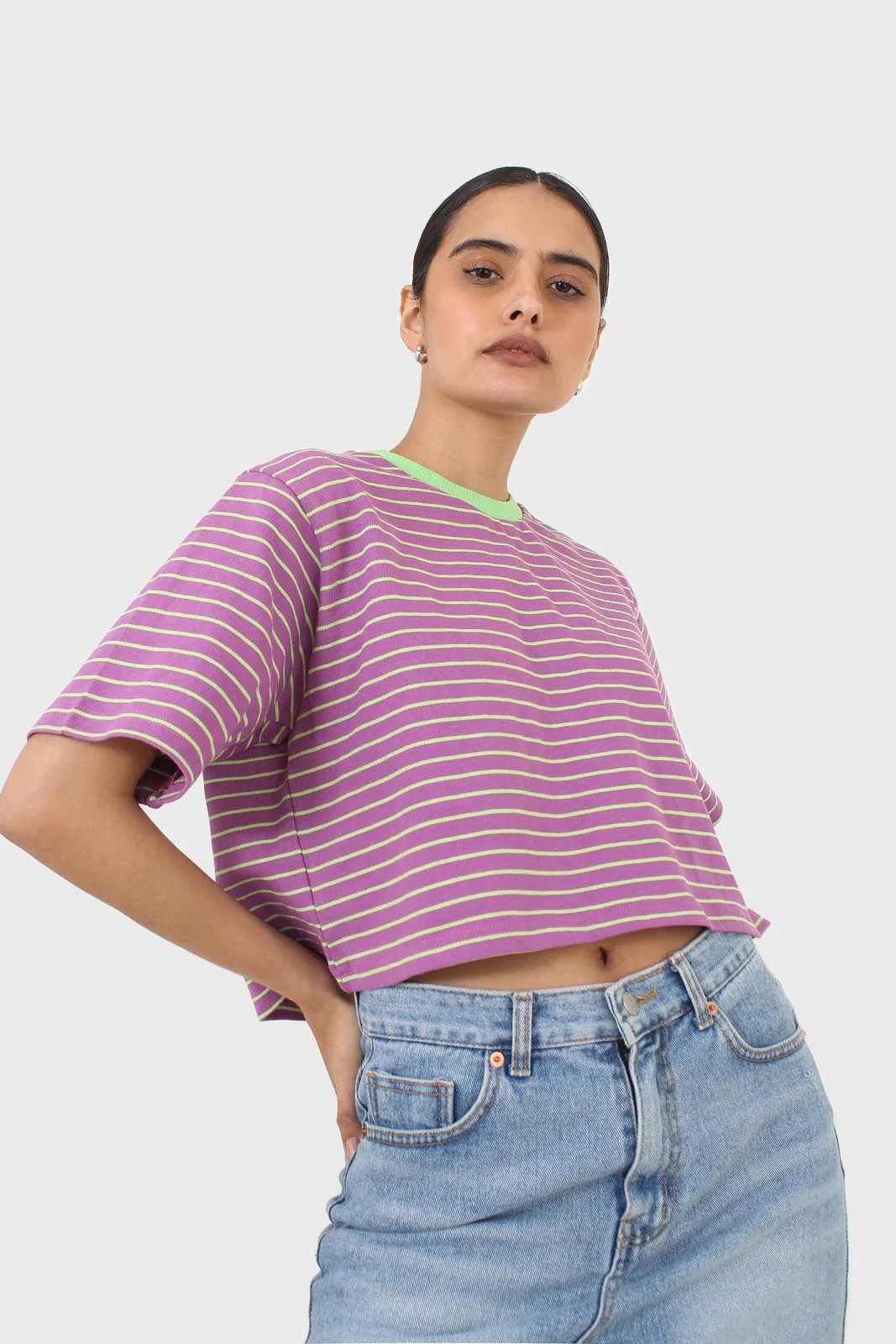 Purple and mint striped contrast binding cropped tee - Image 7