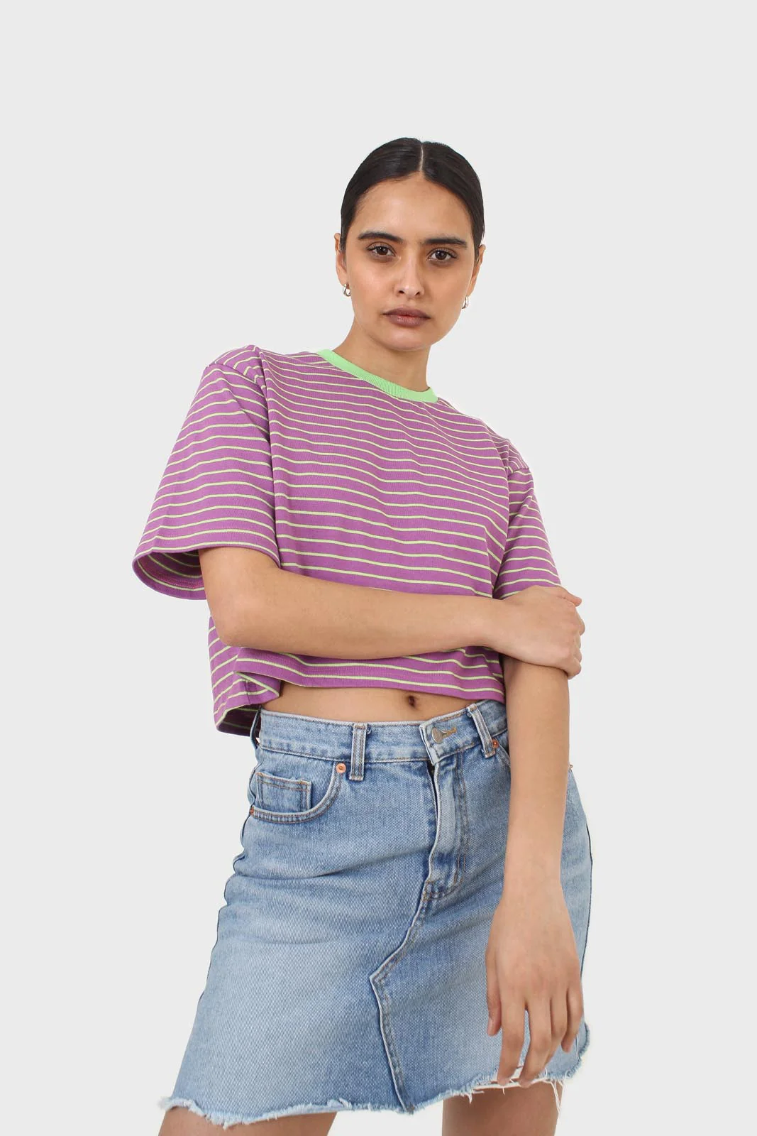 Purple and mint striped contrast binding cropped tee - Image 8