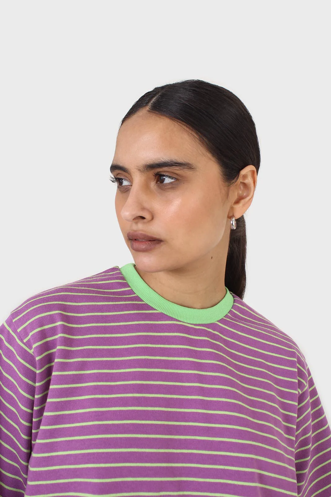 Purple and mint striped contrast binding cropped tee - Image 9