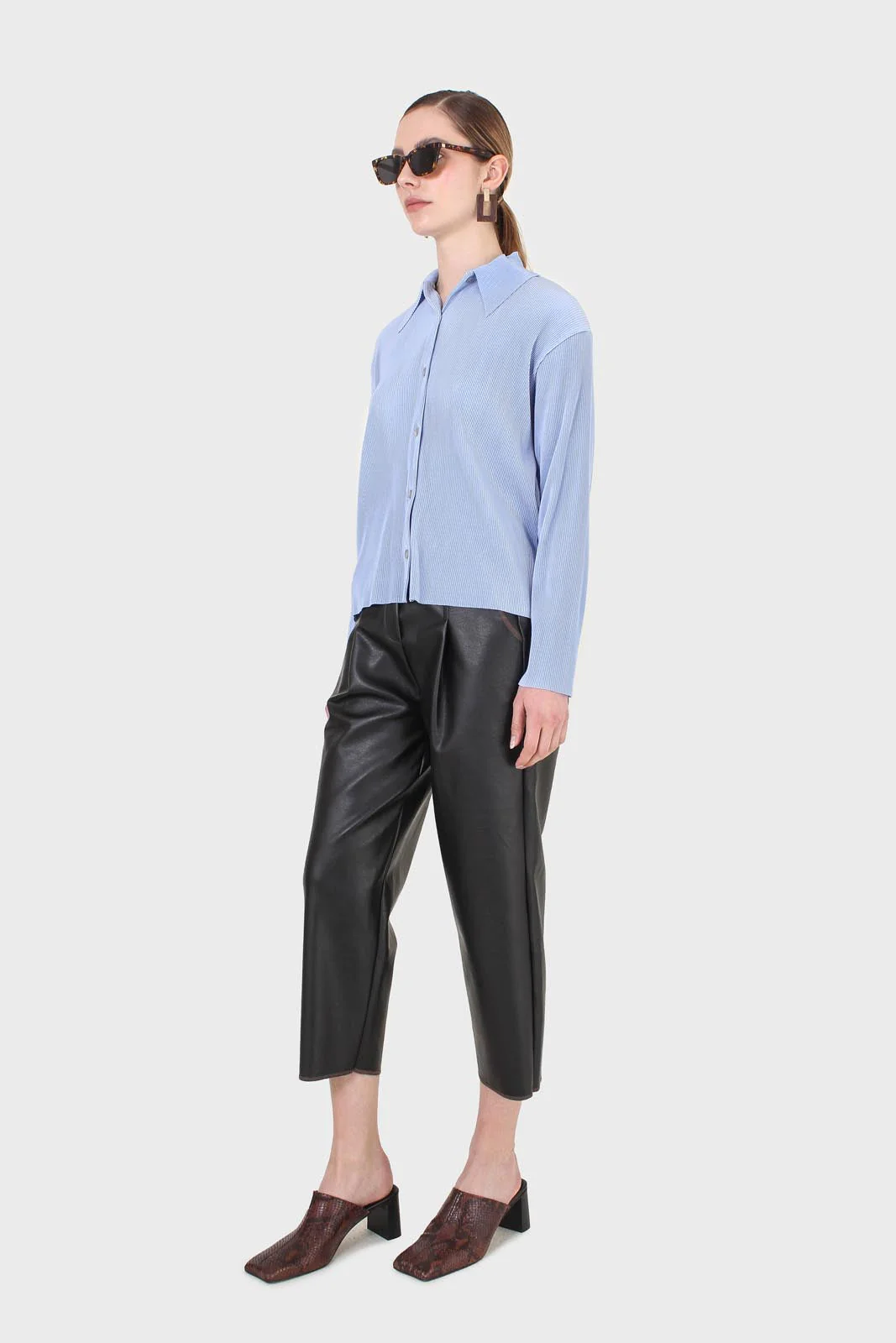 Sky blue micro pleated long sleeved shirt - Image 10