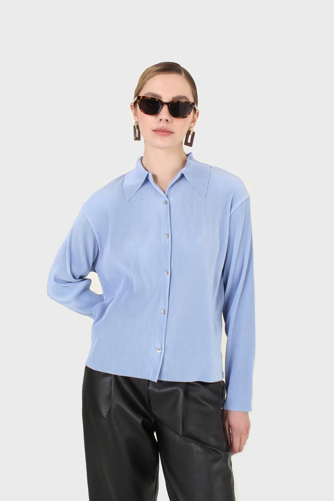 Sky blue micro pleated long sleeved shirt - Image 13