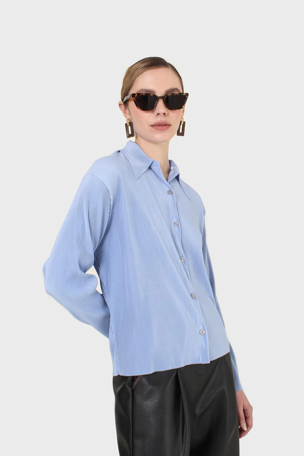 Sky blue micro pleated long sleeved shirt - Image 14