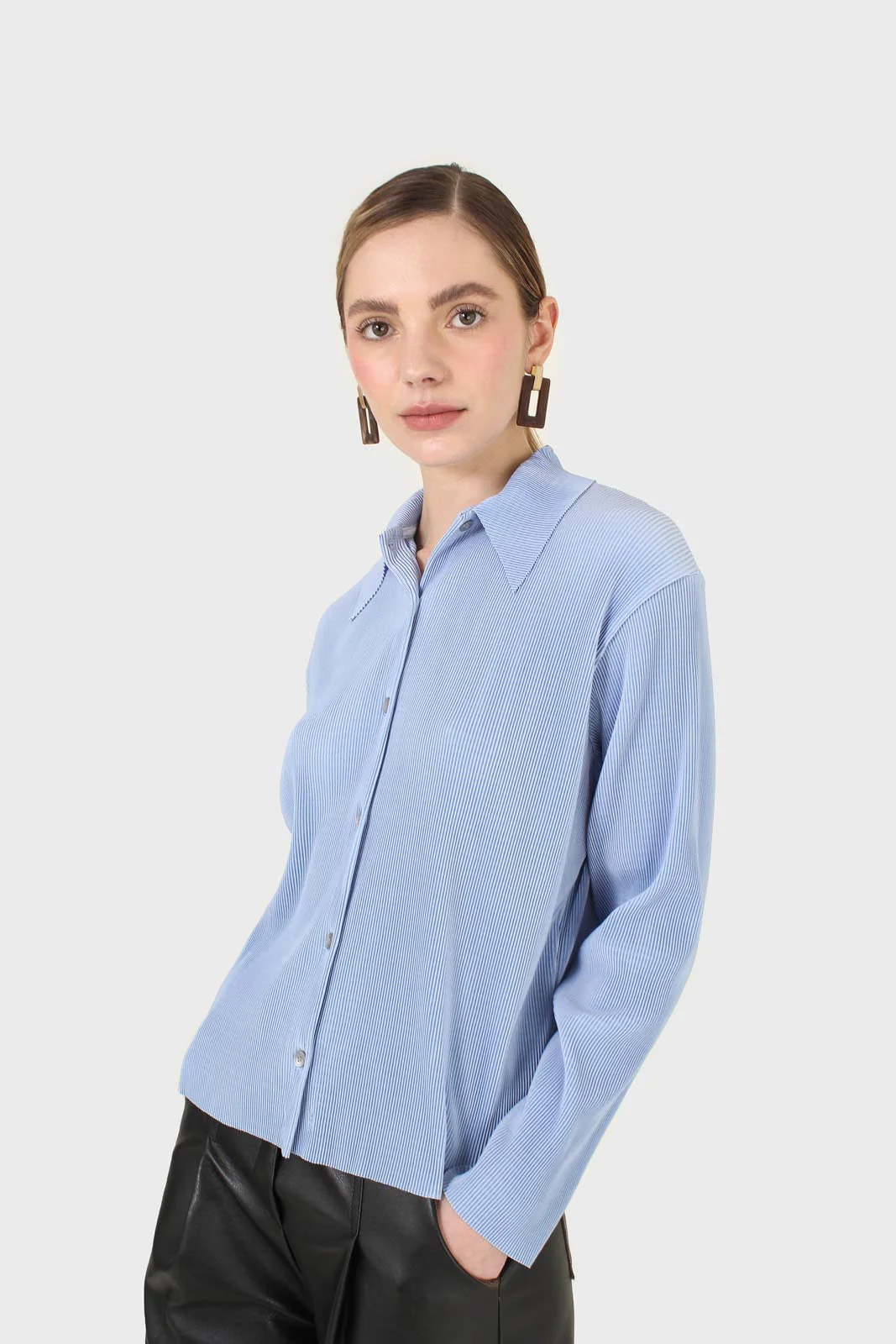 Sky blue micro pleated long sleeved shirt - Image 15