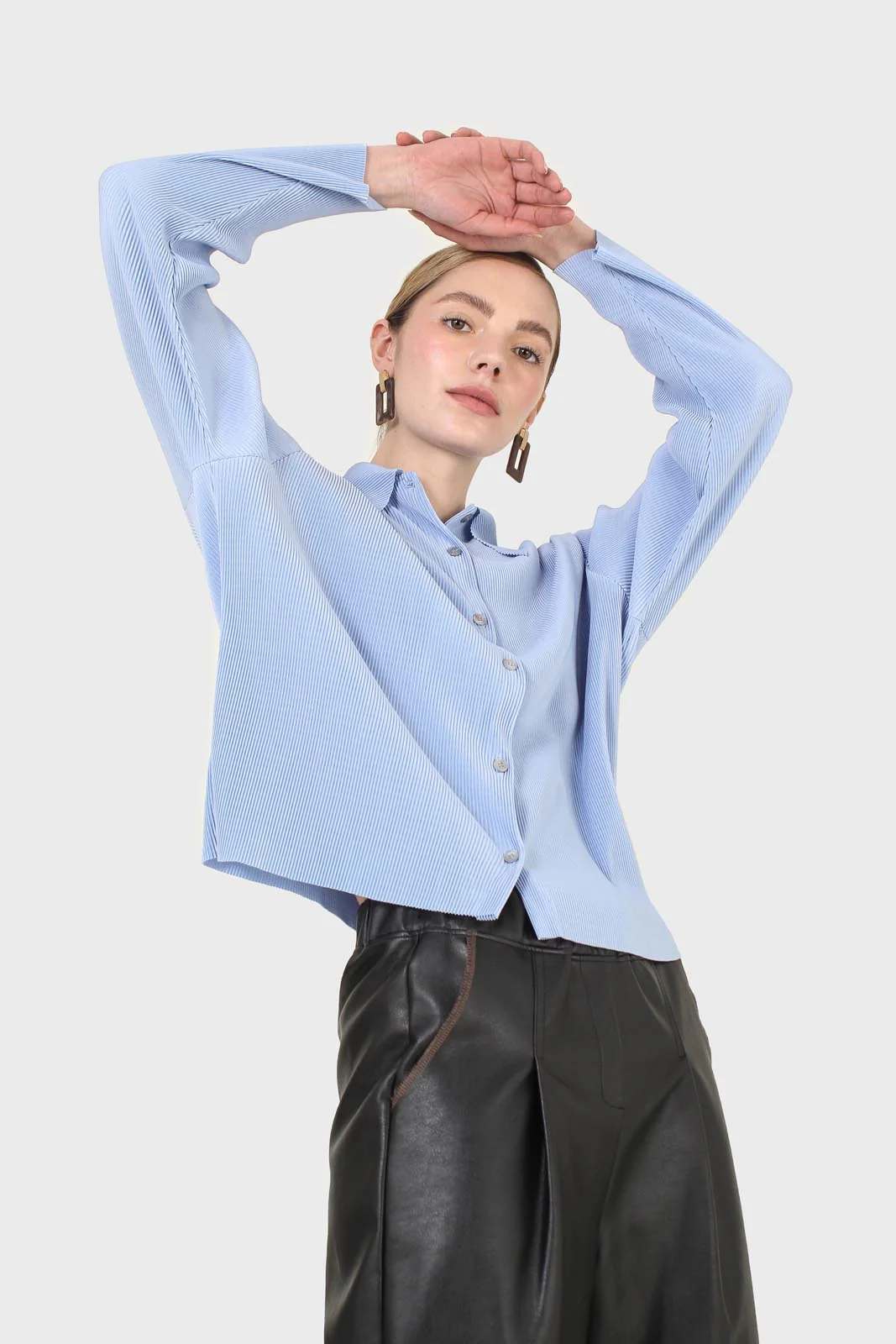 Sky blue micro pleated long sleeved shirt - Image 16