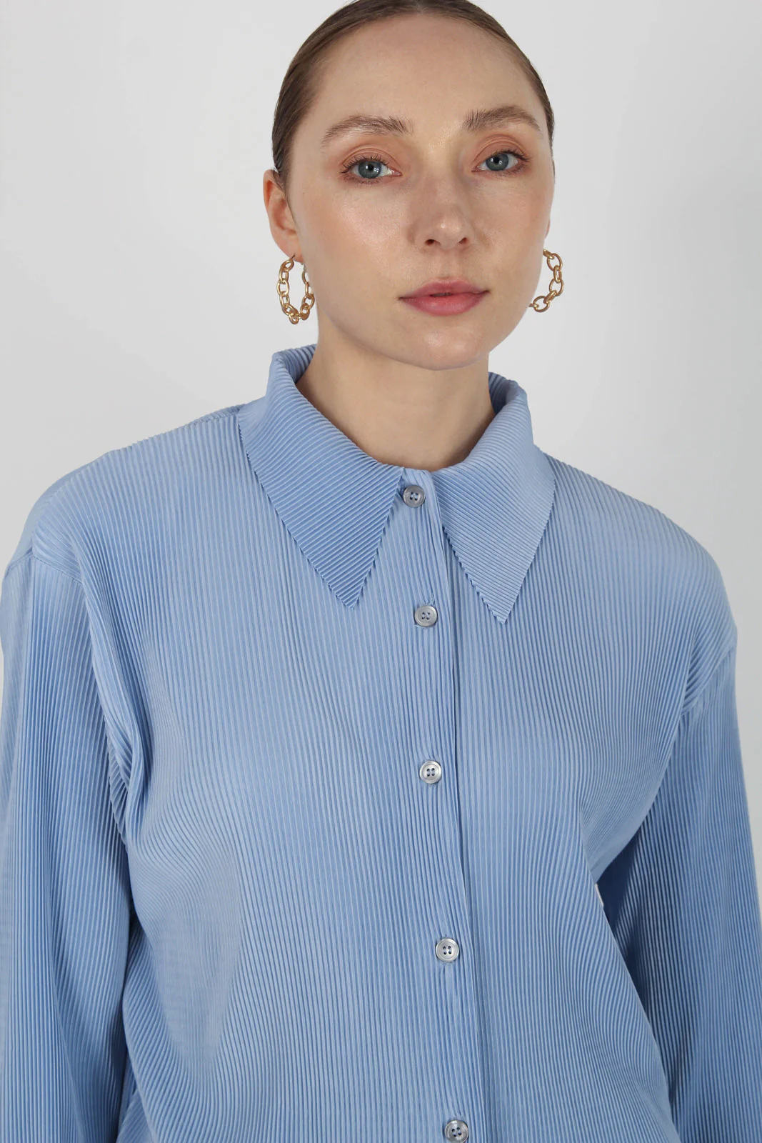 Sky blue micro pleated long sleeved shirt - Image 4