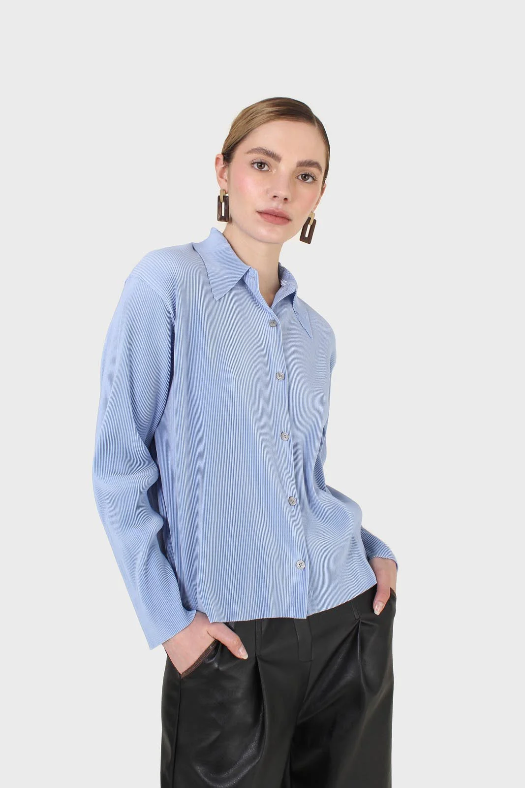Sky blue micro pleated long sleeved shirt - Image 8