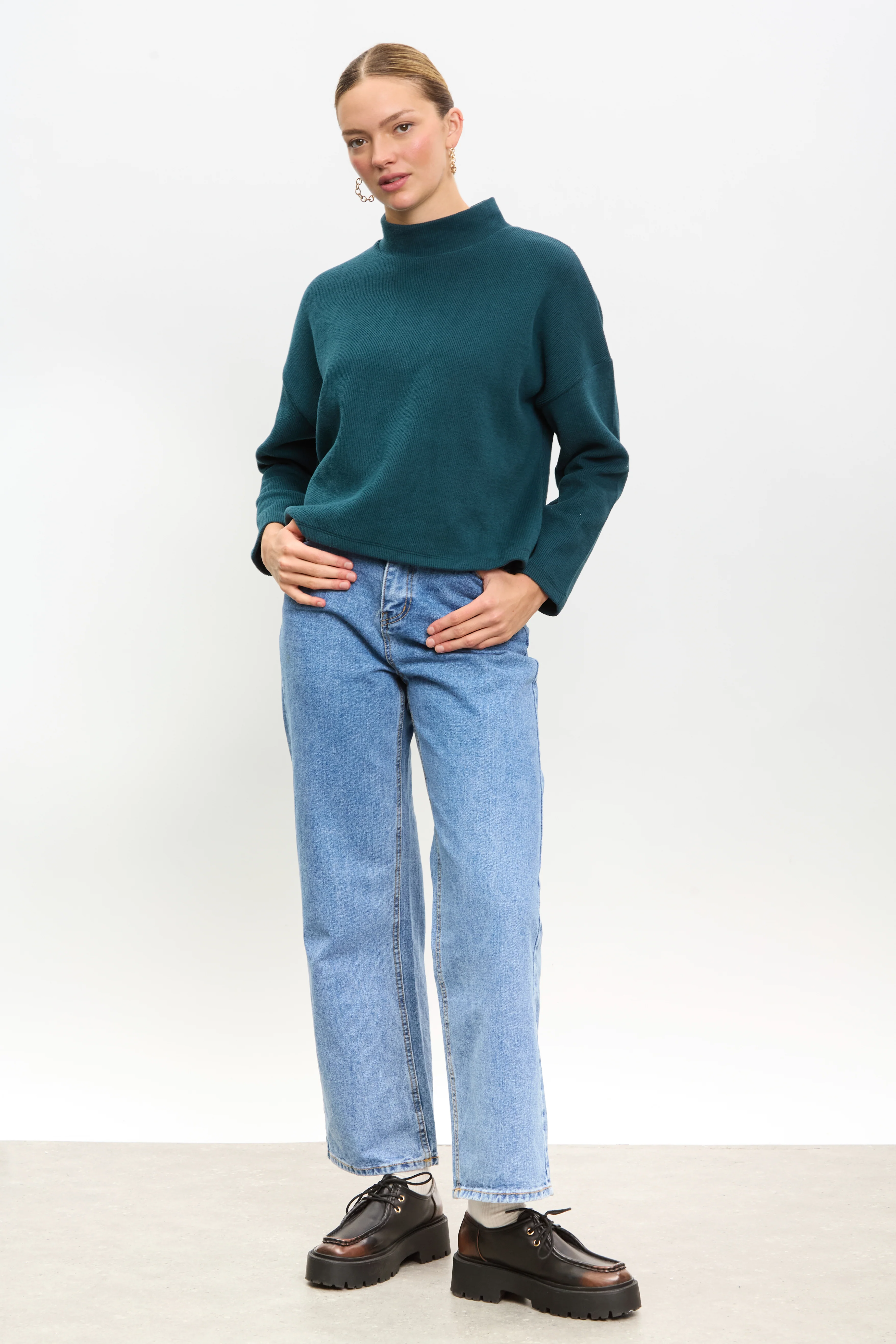 Teal micro ribbed mock neck top - Image 4