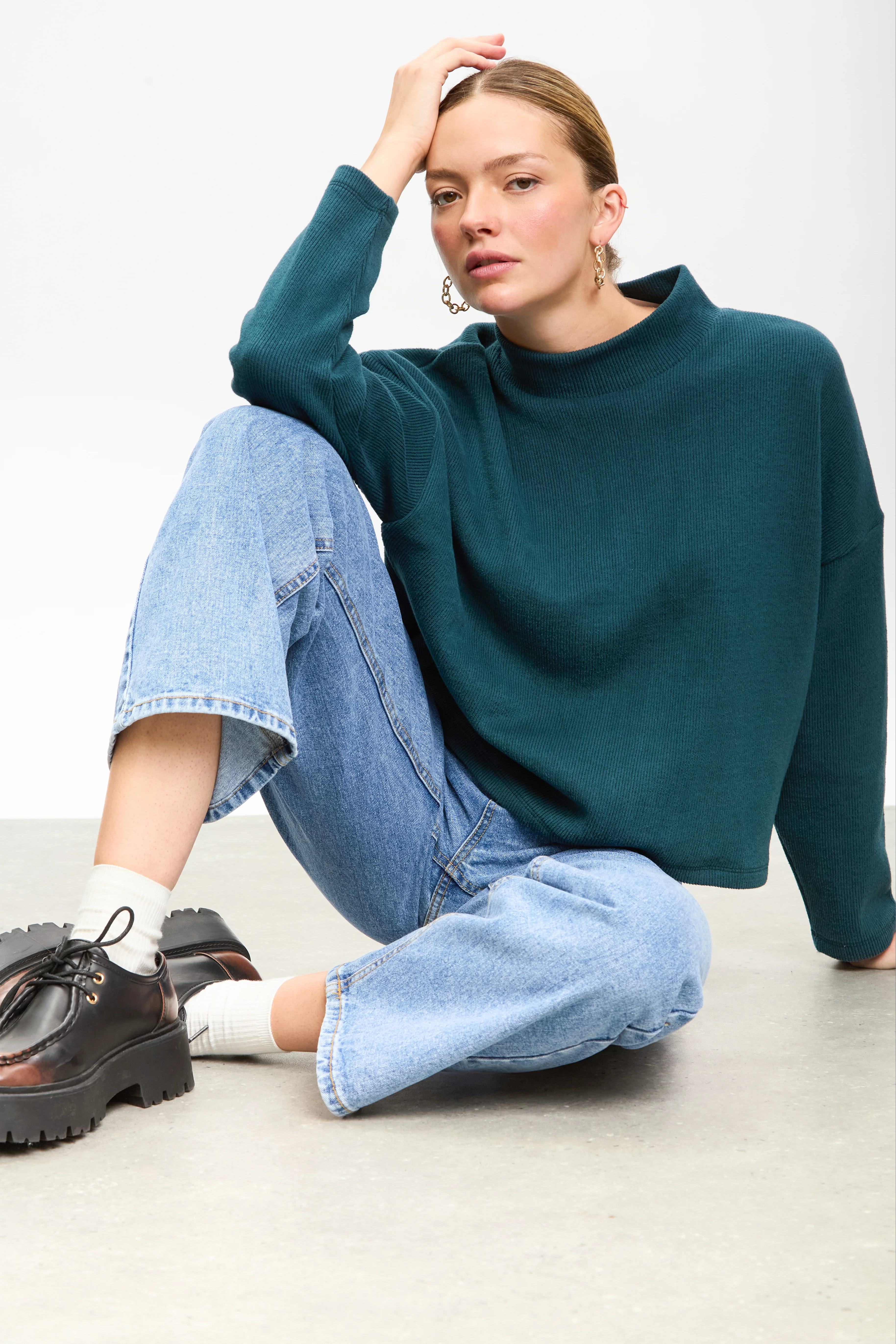 Teal micro ribbed mock neck top - Image 5