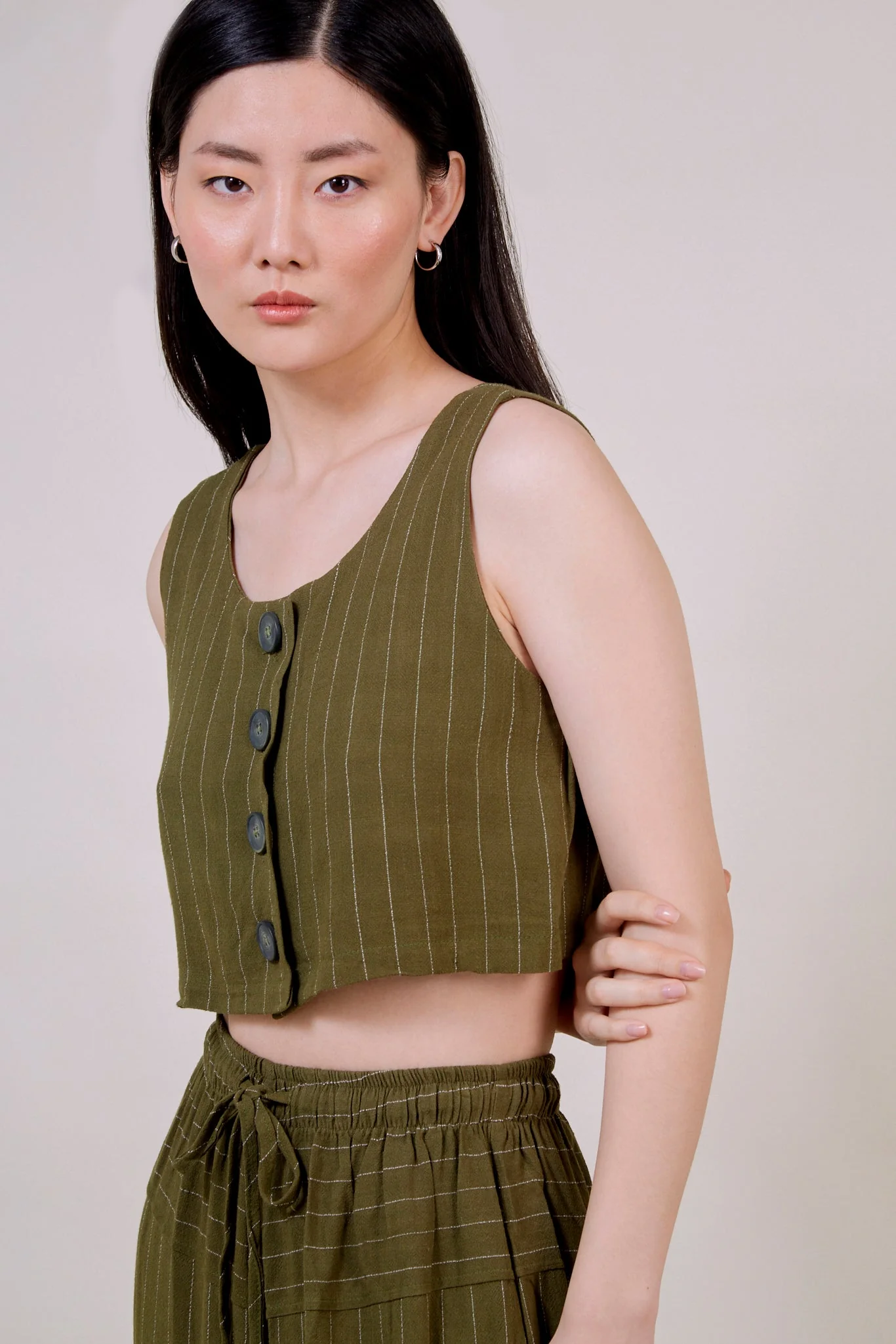 Olive green pinstripe button front tank - Image 4