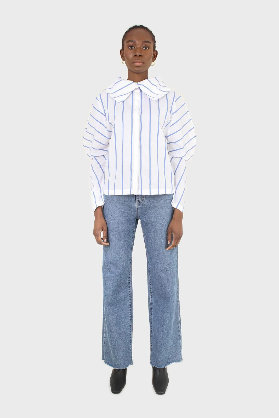 White and blue striped large sleeve blouse - Image 3