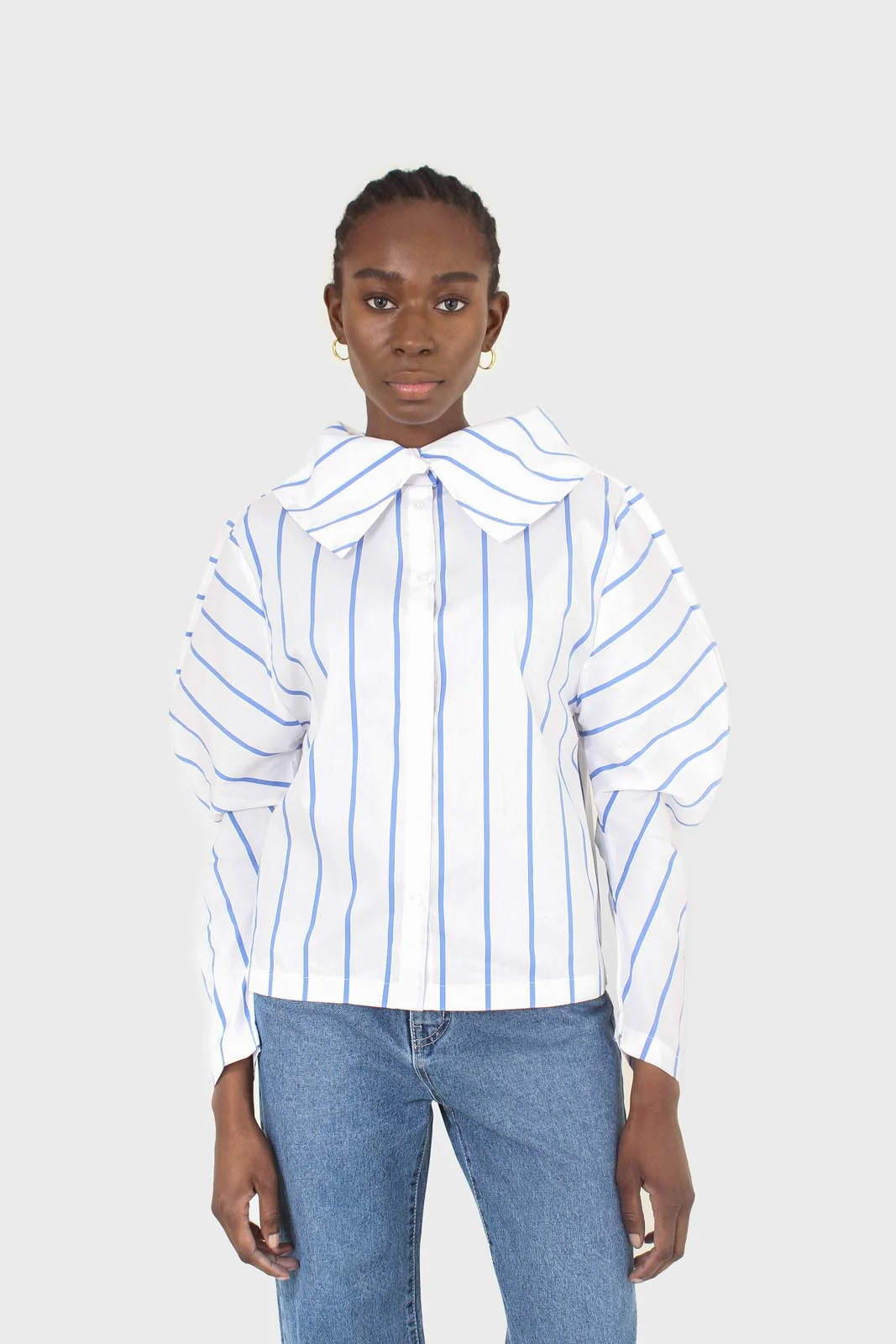 White and blue striped large sleeve blouse - Image 5