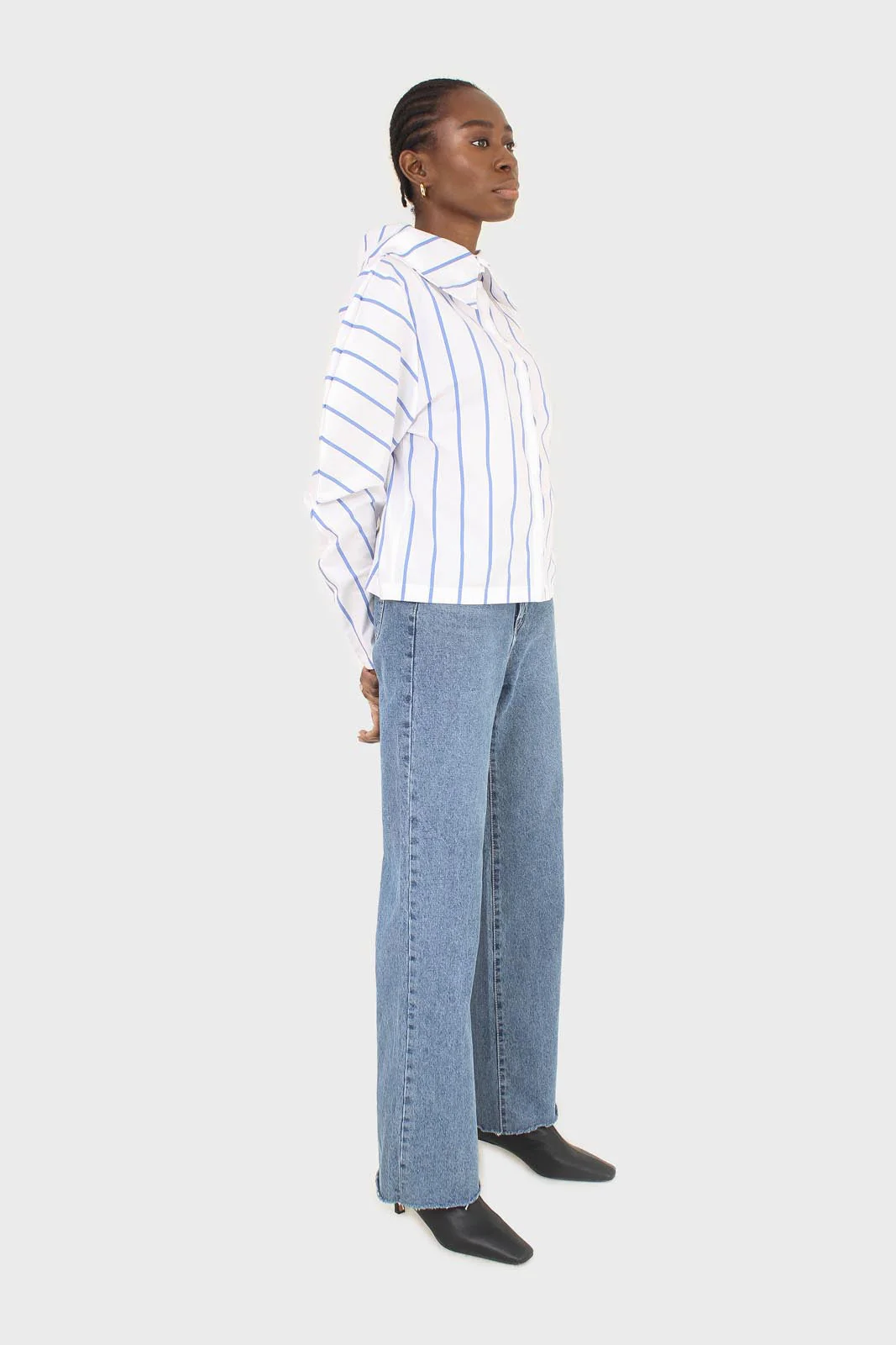 White and blue striped large sleeve blouse - Image 7