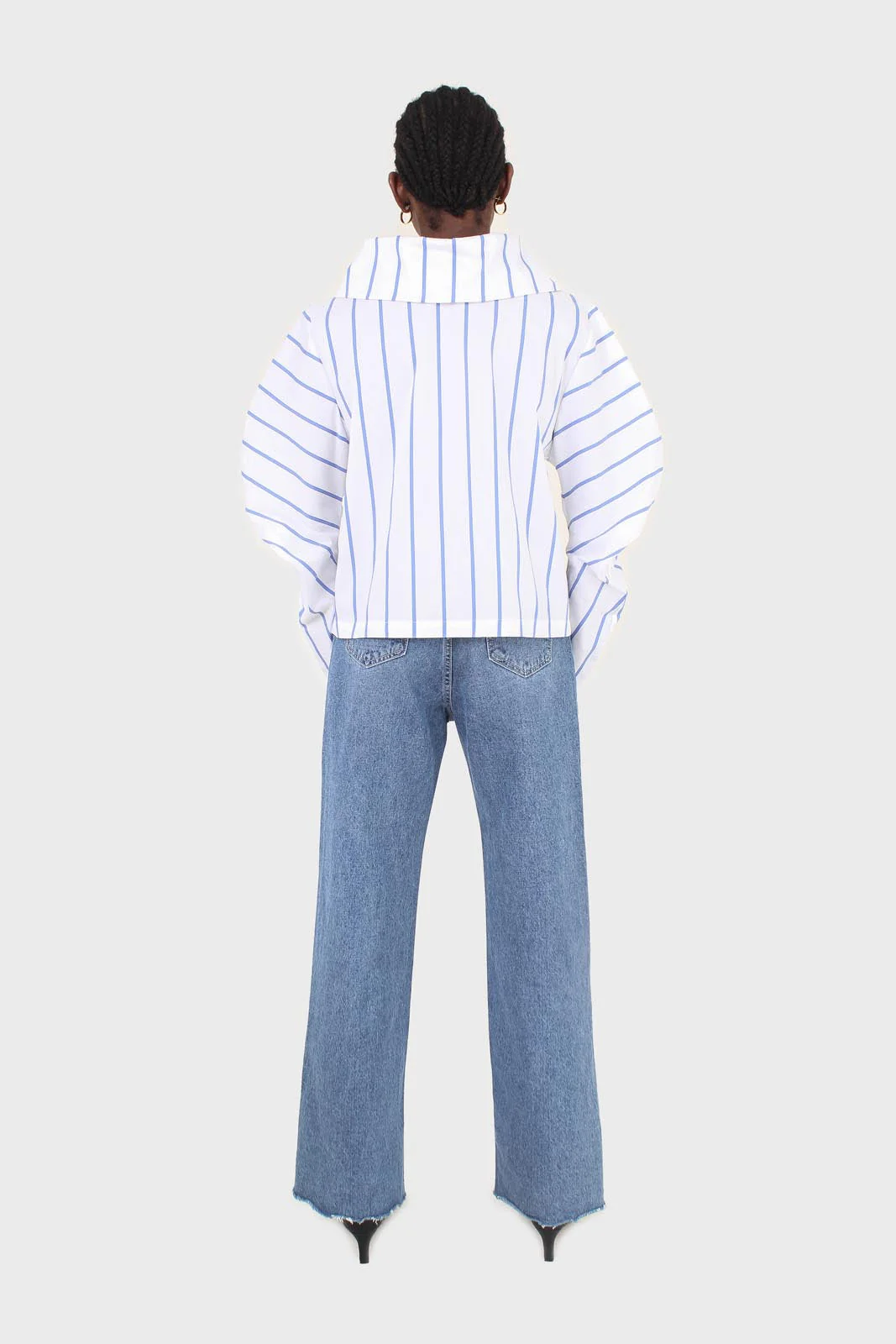 White and blue striped large sleeve blouse - Image 8