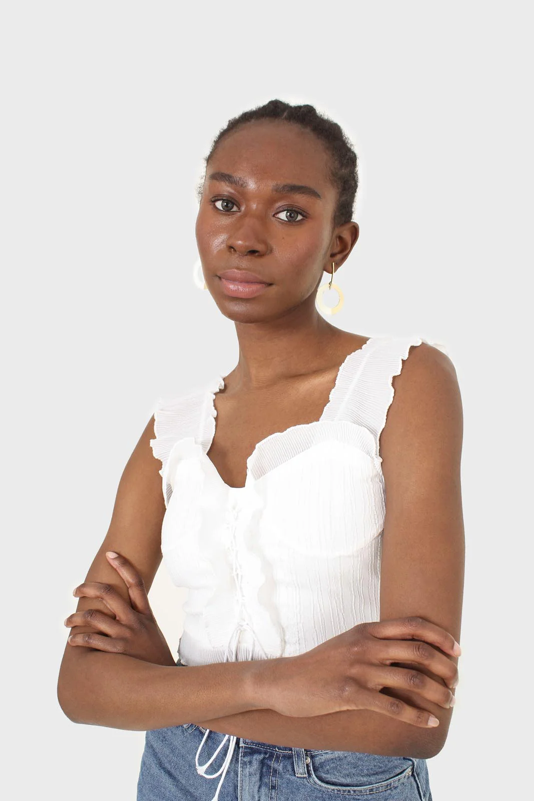 White chiffon trim lace up front tank top - Image 11