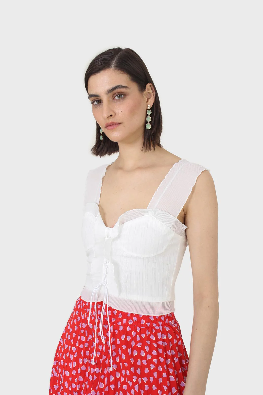 White chiffon trim lace up front tank top - Image 3